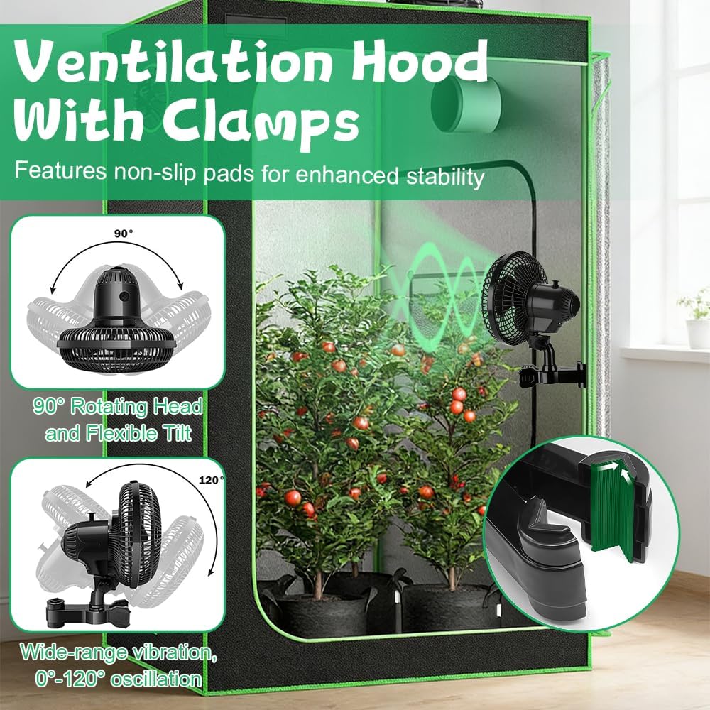 Grow Ventilator Oszillierend 25W, Clip Ventilator Oszillierend, 3 Geschwindigkeitsstufen, 22 cm Durc