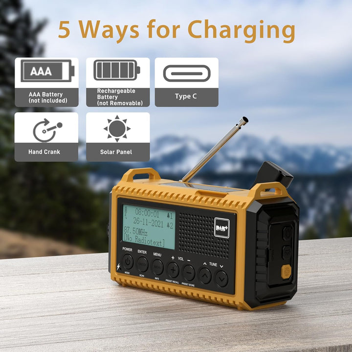 Kurbelradio DAB/UKW mit Akku 5000mAh, Tragbare Solar Radio mit LED-Taschenlampe & Leselicht, DAB+ Ba