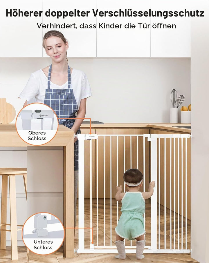 COMOMY 107 cm Extra Hoch Türschutzgitter, 75-110 cm Breit Treppenschutzgitter ohne Bohren, Türgitter