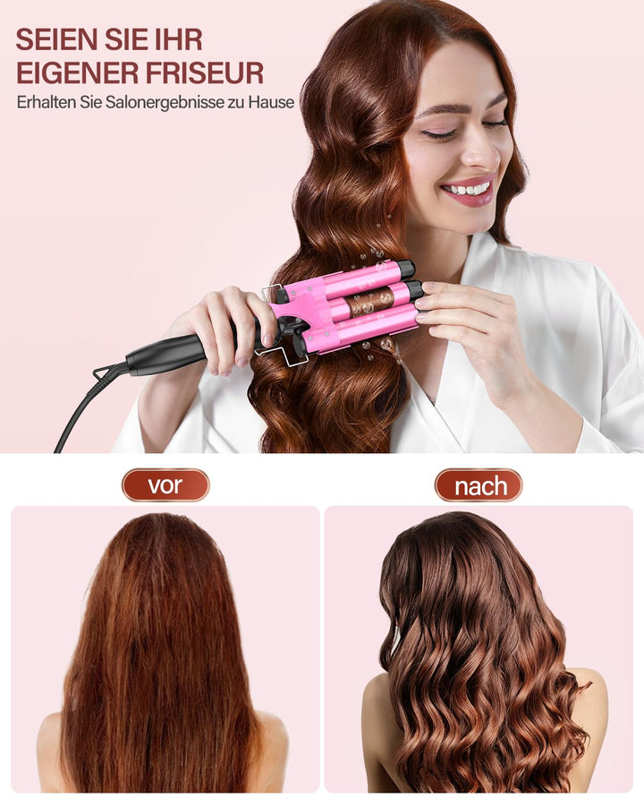 Lockenstab 3 Fässer Beach Waves Welleneisen für Haare, 25mm Kleine Locken Keramik Lockeneisen-Temper
