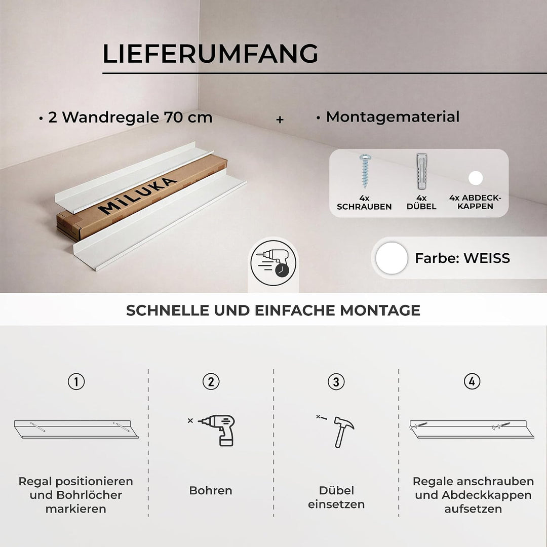 MILUKA Wandregal Weiss Metall | 2er Set Regal Wand 70 cm Long | Wandboards, Für Dekos, Bilderrahmen,