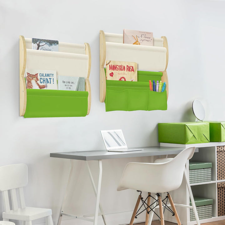 Bücherregal Kinder Wand Kinderbücherregal Montessori mit 4 Ablagen & 3 Taschen Kinderregal Wandregal