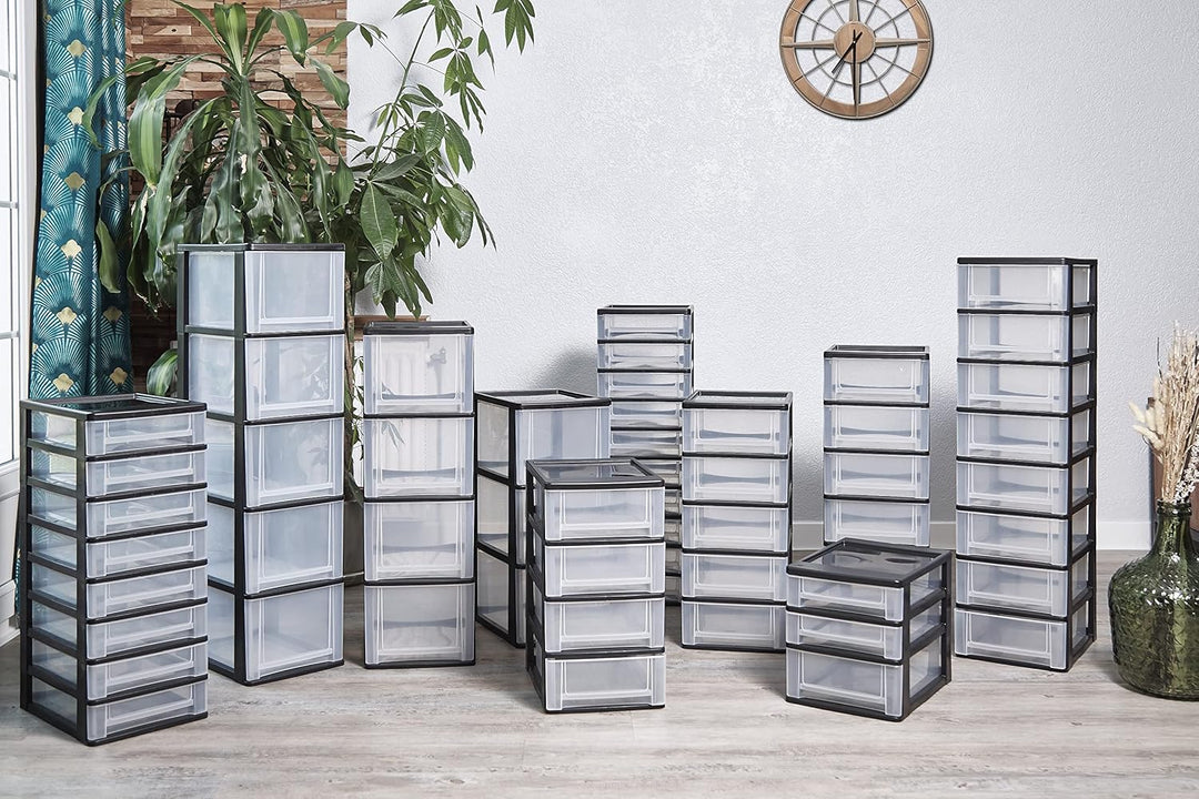 Iris Ohyama, Kunststoff Schubladenbox mit 5 flachen Schubladen, Schwarz, Easy-Pull-System, A4, A5 &