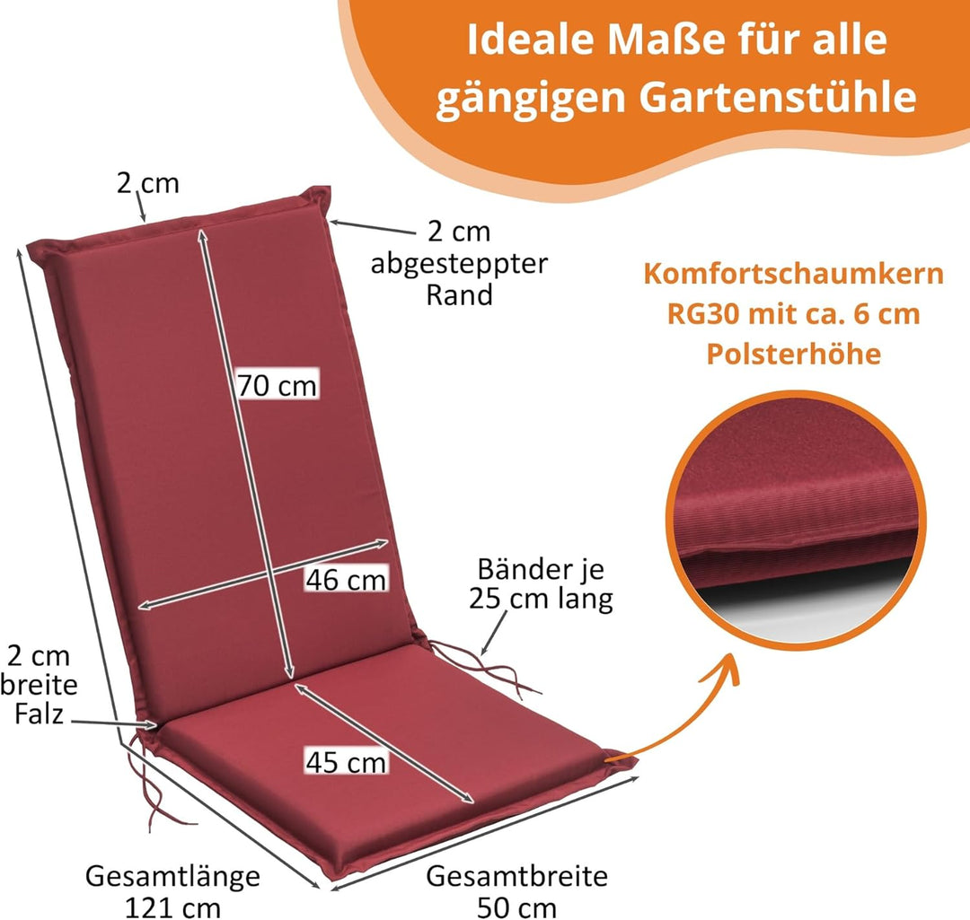 sleepling Hochlehner Auflagen 4er Set, Bequeme Gartenstuhlauflagen, Sitzauflagen Gartenmöbel 120x50