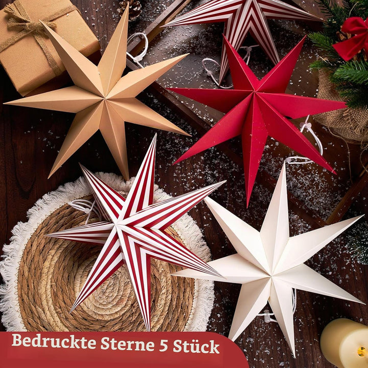 Weihnachts Papiersterne Ornamente Set - 5 Stück 3D Faltbare Hängende Sterne in Rot, Weiss, Braun und