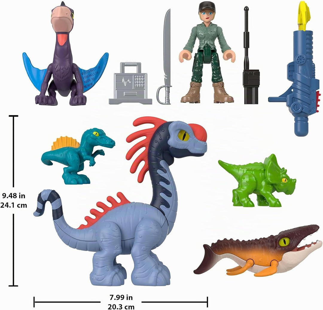 Fisher-Price Imaginext Jurassic World Die Wiedergeburt Set mit 7,6cm Mensch, 5 Dinosauriern, Launche