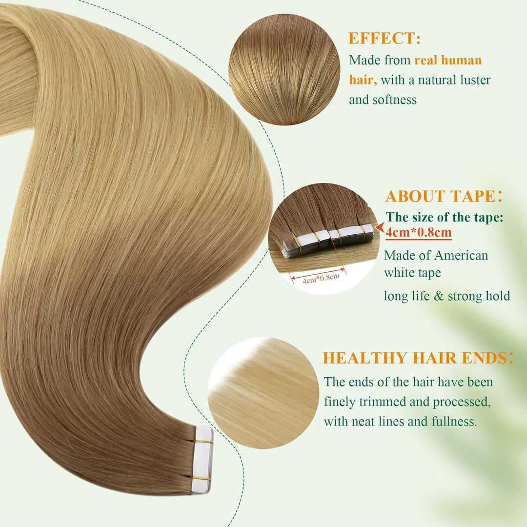 Easyouth Tape in Extensions Echthaar Ombre Extensions Echthaar Tape 45 cm Goldbraun Verblasst zu Gol