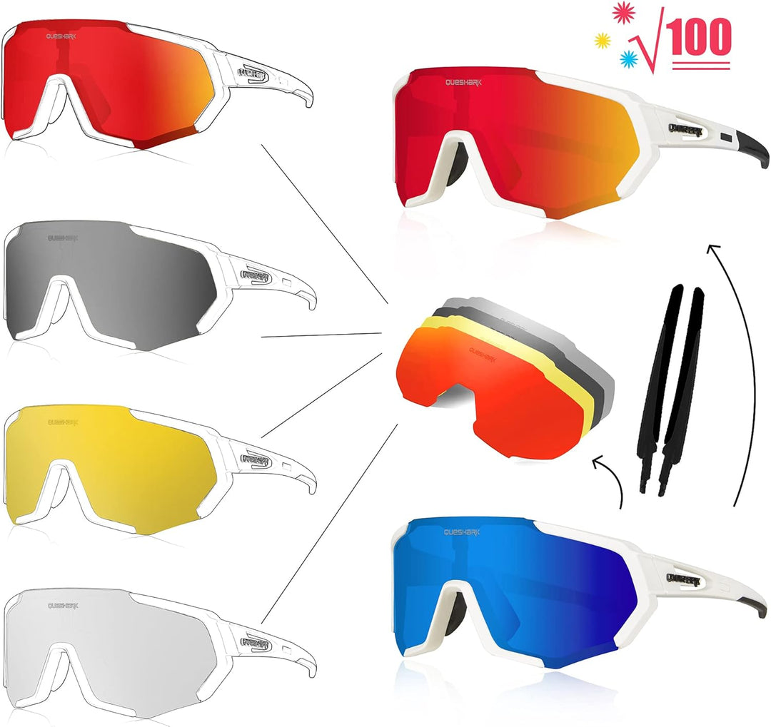 Queshark Sportbrillen Fahrrad Brillen Damen Herren Polarisierte UV400 Schutz mit 5 Wechselgläser Rad