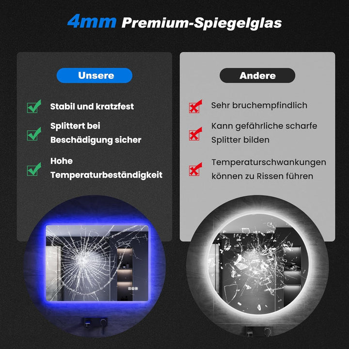 SONNI Badspiegel mit Beleuchtung 80x60 cm, LED Spiegel mit Bluetooth und Touch-Schalter, Dimmbar, Be