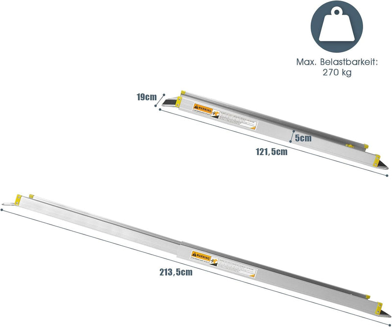 GYMAX 2 x Auffahrrampe Alu, Rutschfeste Auffahrschiene Teleskoprampe, Laderampe Rollstuhlrampe bis 2