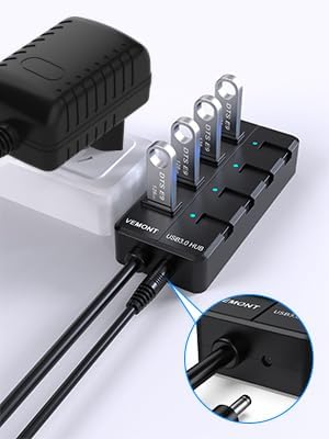 USB Hub mit Netzteil,VEMONT 4 Ports USB3.0 Hub USB Verteiler Aktiv Adapter und Einzelne EIN/Aus-Scha