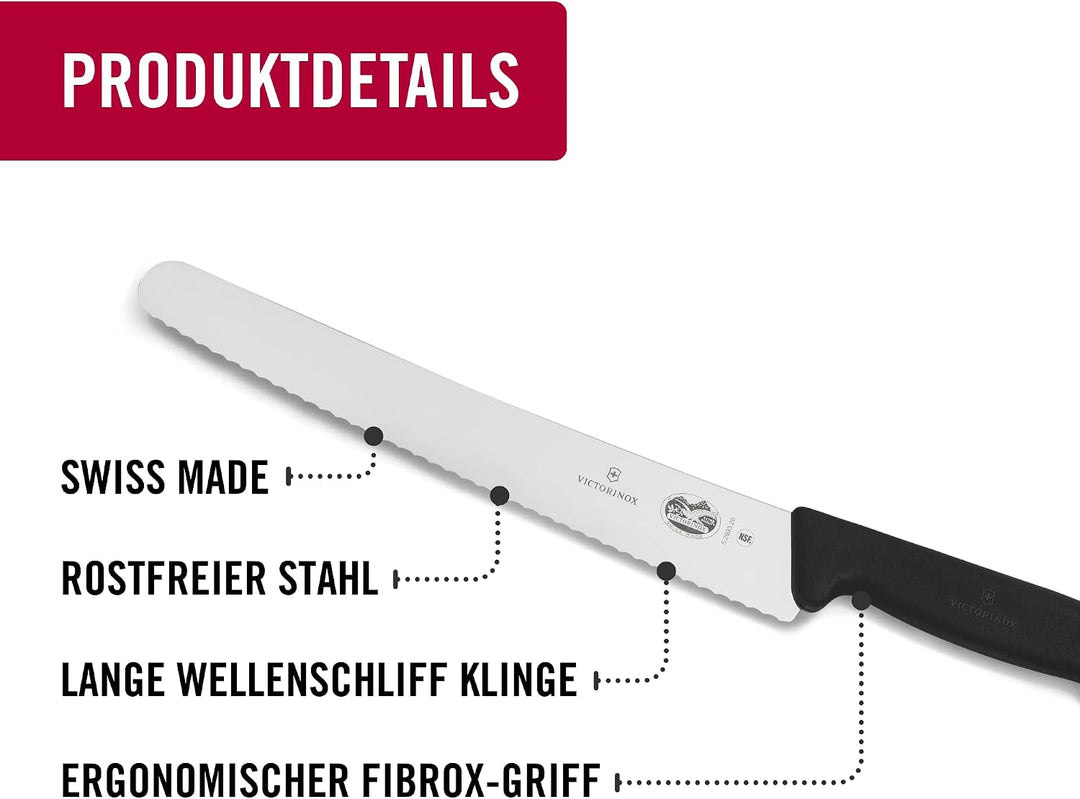 Victorinox Fibrox Konditorsäge mit Wellenschliff, Langes Küchenmesser für Kuchen und Backwaren, 26 c