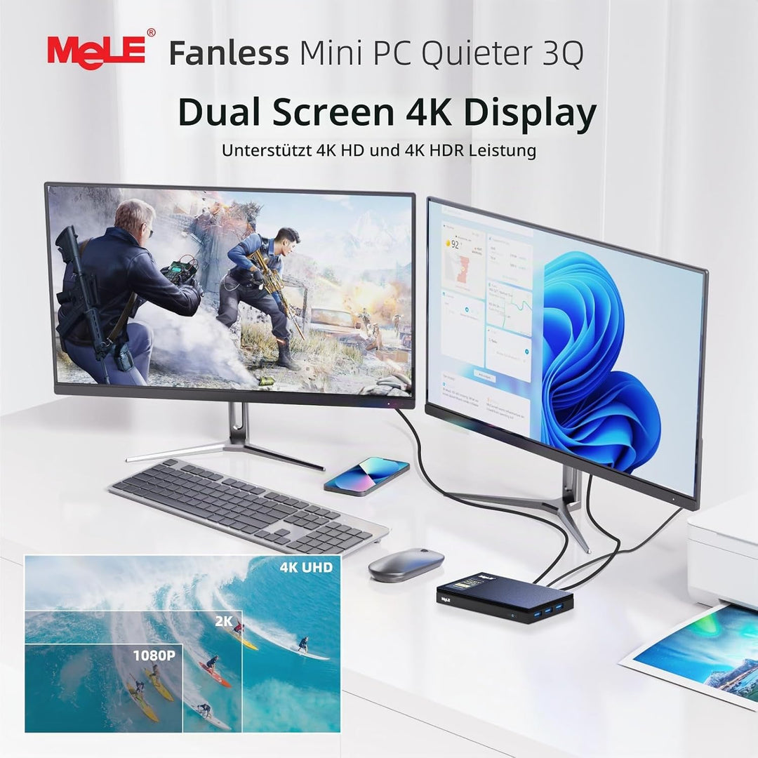 MeLE Quieter3Q Lüfterloser Mini PC Windows 11 Pro Celeron N5105 8GB 256GB, Portable Desktop HDMI Wif