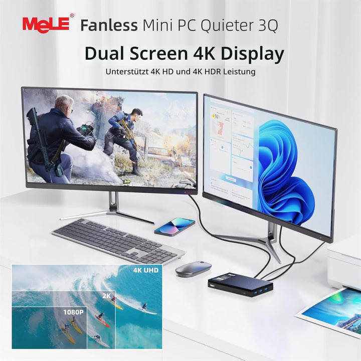 MeLE Quieter3Q Lüfterloser Mini PC Windows 11 Pro Celeron N5105 8GB 256GB, Portable Desktop HDMI Wif
