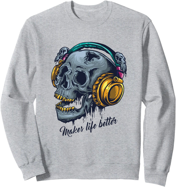 Music Clothing Skull with Headphones Awesome Artwork Techno Sweatshirt