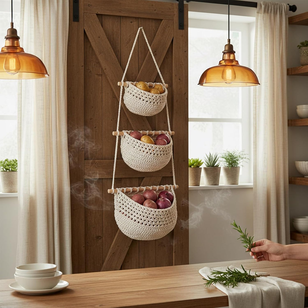 CHUEHKAK Hängende Obstkörbe (3er Set) - Boho gewebte Aufbewahrungstaschen für Küchenwand und Badezim