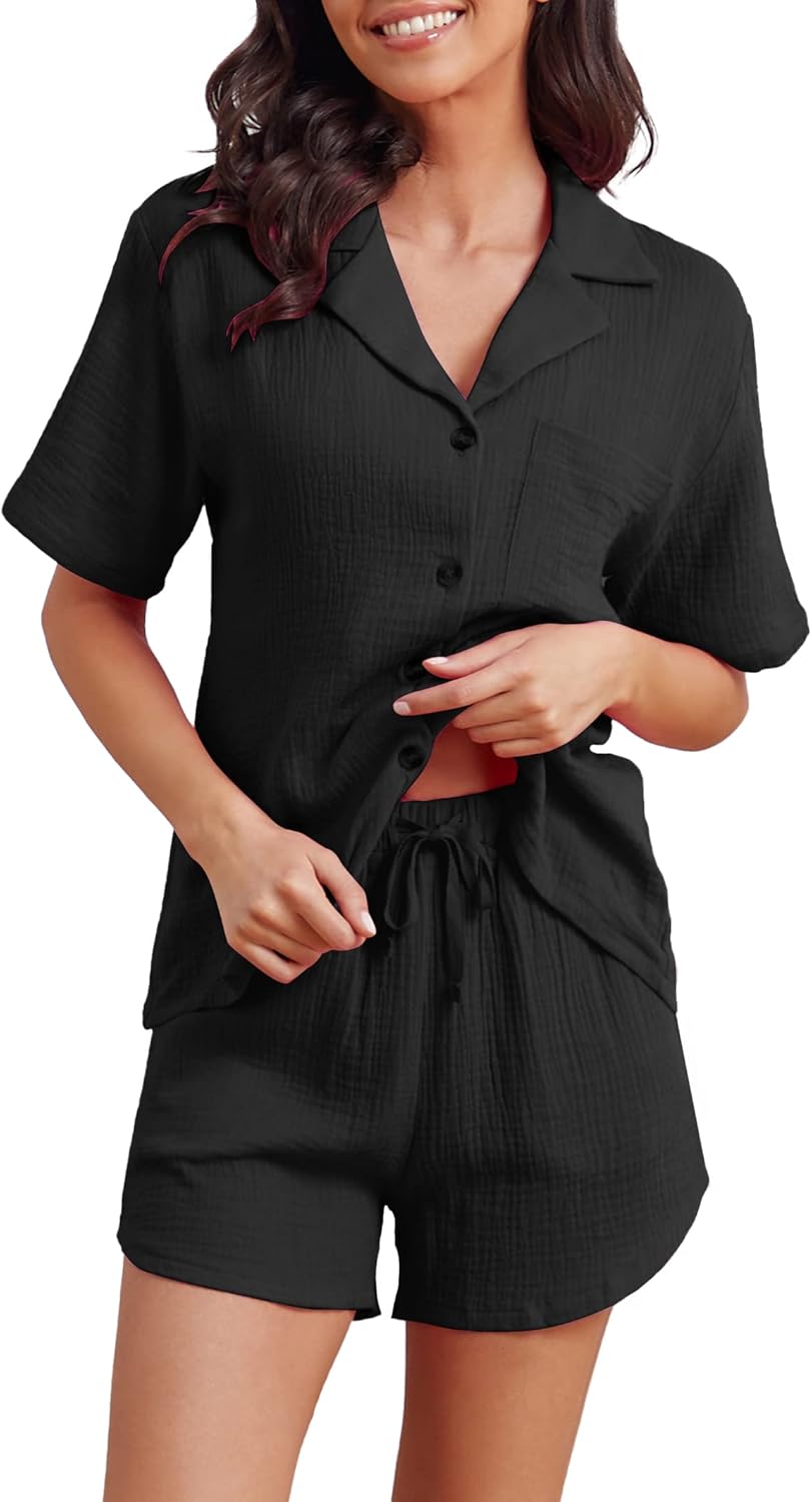 Famulily 100% Baumwolle Damen Schlafanzug Kurz Set V Ausschnitt Kurzarm Bluse mit Knöpfen und Shorts