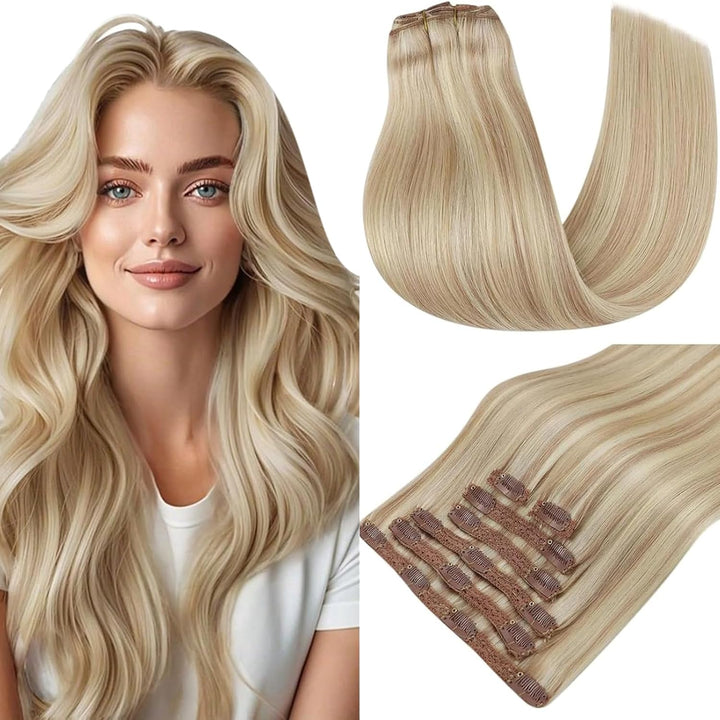 RUNATURE Clip Echthaar Extensions Aschblond mit Platinblond Echthaar Clip in Extensions Blond Echtha
