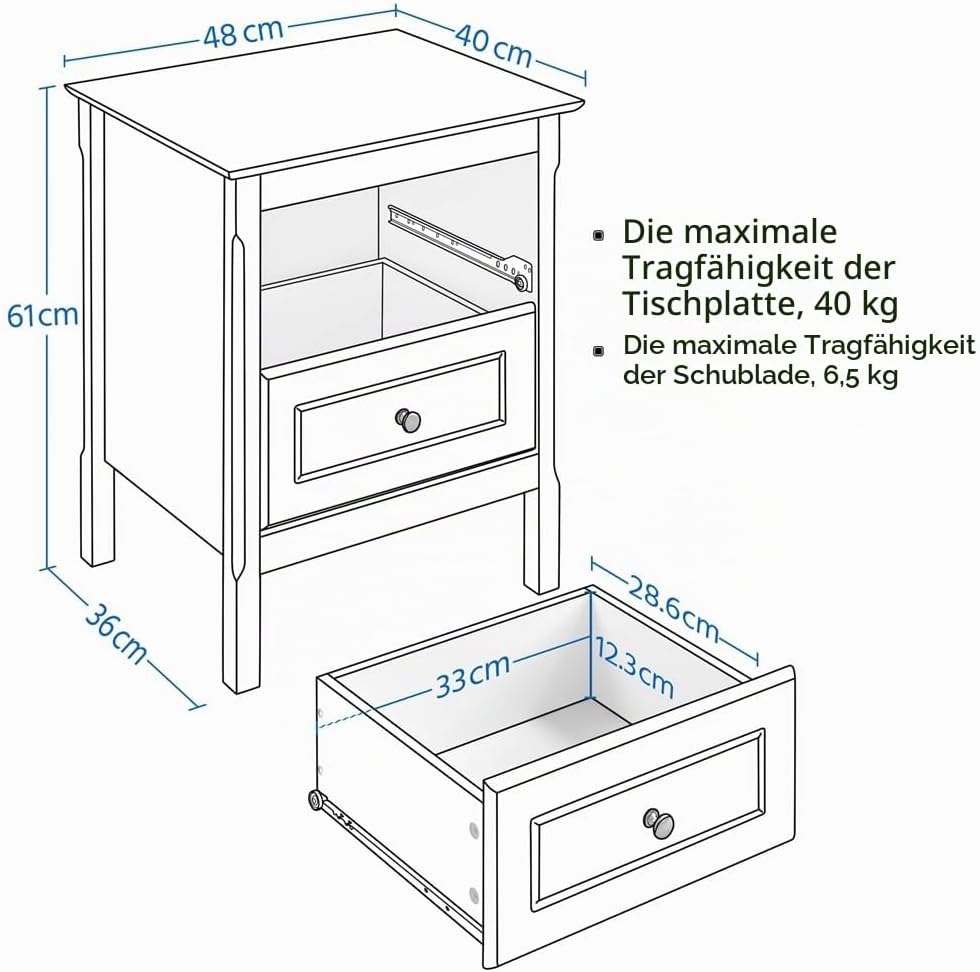 Yaheetech Nachttisch 2er Set Nachtschrank mit 2 Schubladen Nachtkästchen Viel Stauraum Nachtkommode