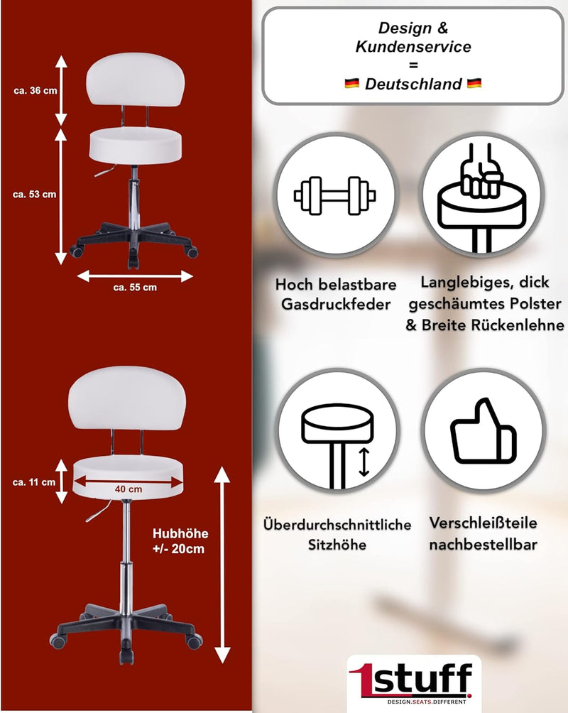 1stuff® XL Profi Rollhocker höhenverstellbar mit breiter Rücken-Lehne - 40 cm Sitzbreite - Sitzhöhe