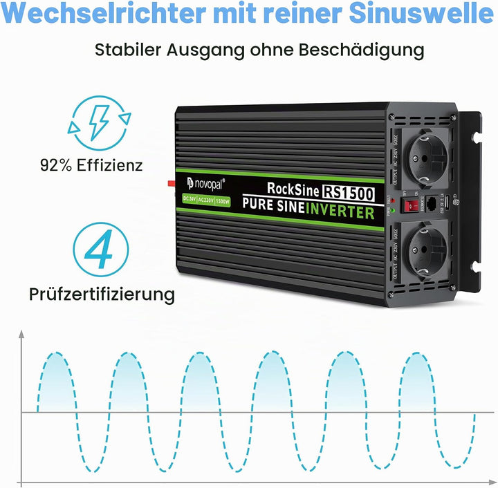 NOVOPAL 1500W Wechselrichter 24v Auf 230v Reiner Sinus Spannungswandler mit 2 EU-Steckdose und Einer