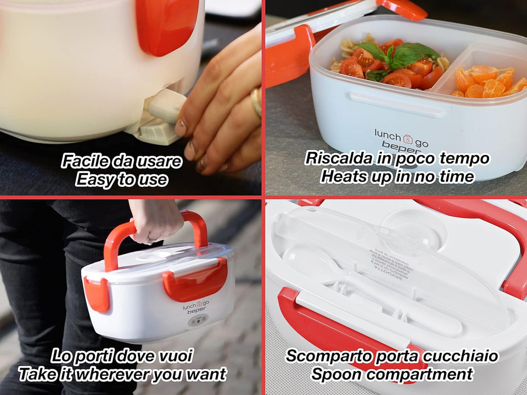 BEPER Lunch & Go - Wärmende Lunchbox, tragbarer elektrischer Speisenwärmer, 2 herausnehmbare Behälte