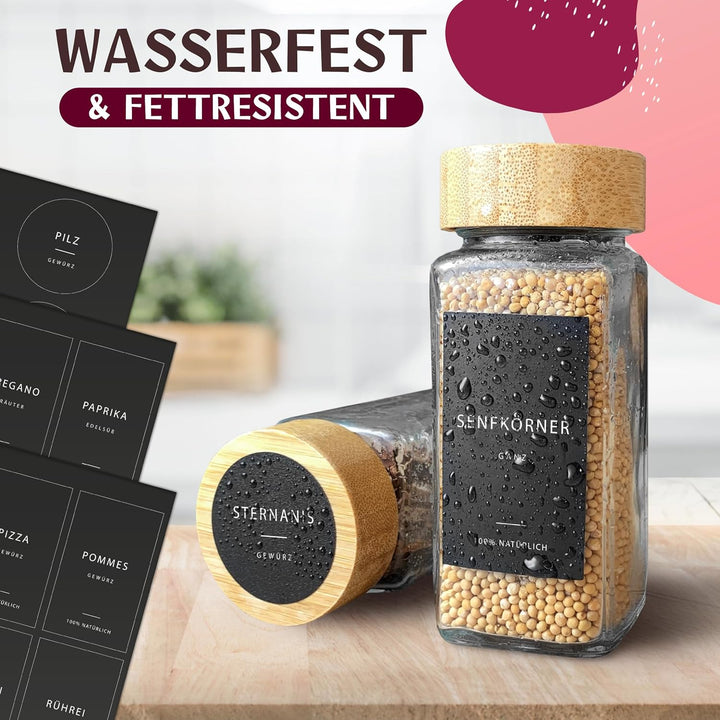Happy Lemuro Gewürzgläser mit Streueinsatz [24 x 120 ml] 303 Etiketten auf Deutsch | Gewürzbehälter