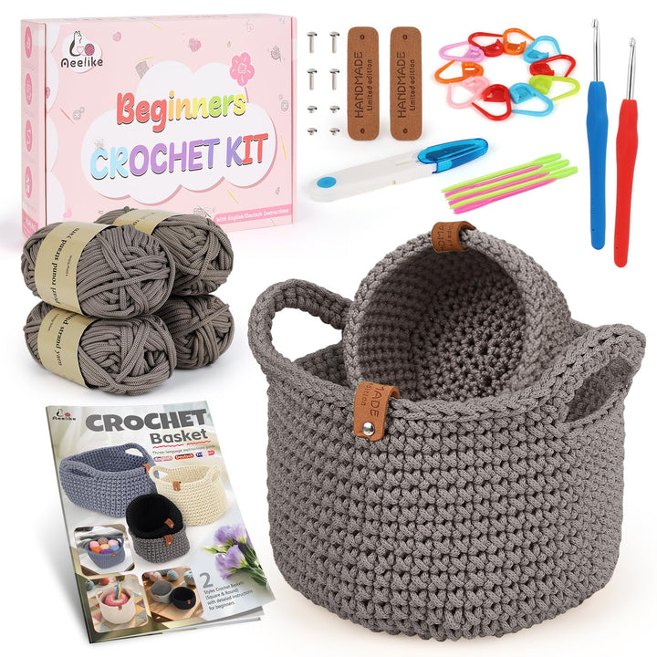 Aeelike 2Pcs Rund Häkelkorb Häkelset für Anfänger, Starter Häkelset mit Häkelnadeln 4,5mm 4,0mm, 4 H