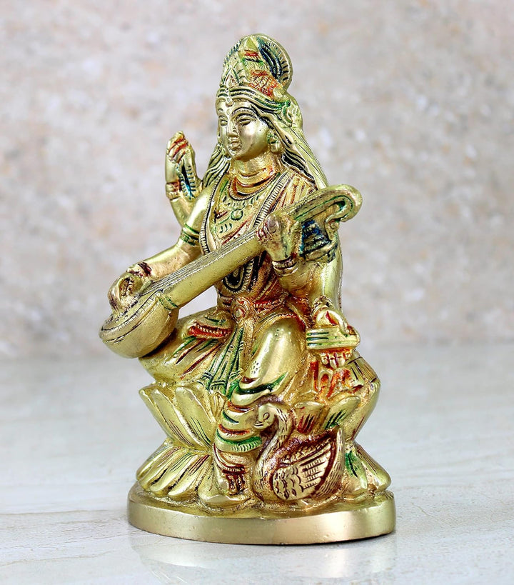 Saraswati Maa Murti Idol Statue aus Messing für Heimdekoration und Tempel, 24,8 cm, Mehrfarbig (Gold