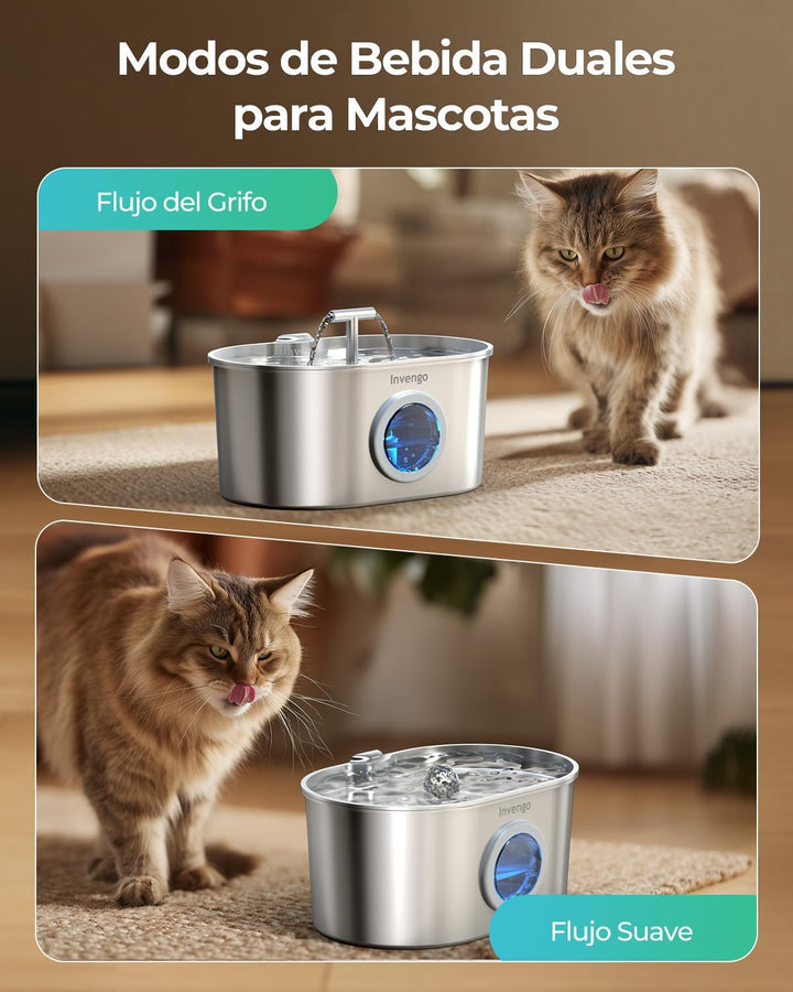 Katzenbrunnen Edelstahl und Ersatzfilter, 2.2L Trinkbrunnen für Katze mit 2 Trinkstellen und LED-Anz