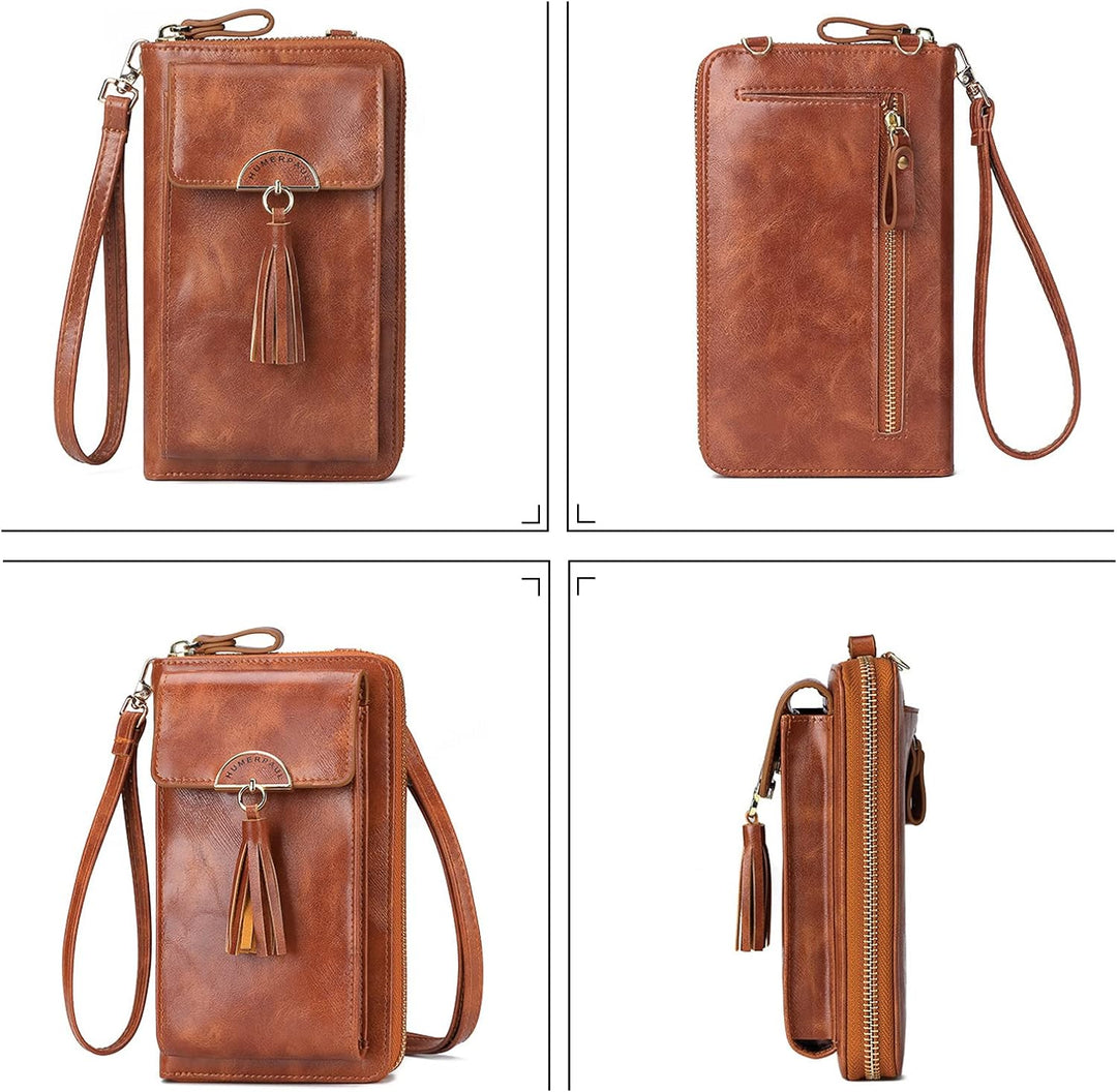 PORRASSO Geldbörse Damen Umhängetasche Portemonnaie Leder Geldbeutel Wristlet Bag mit Viele Fächer M