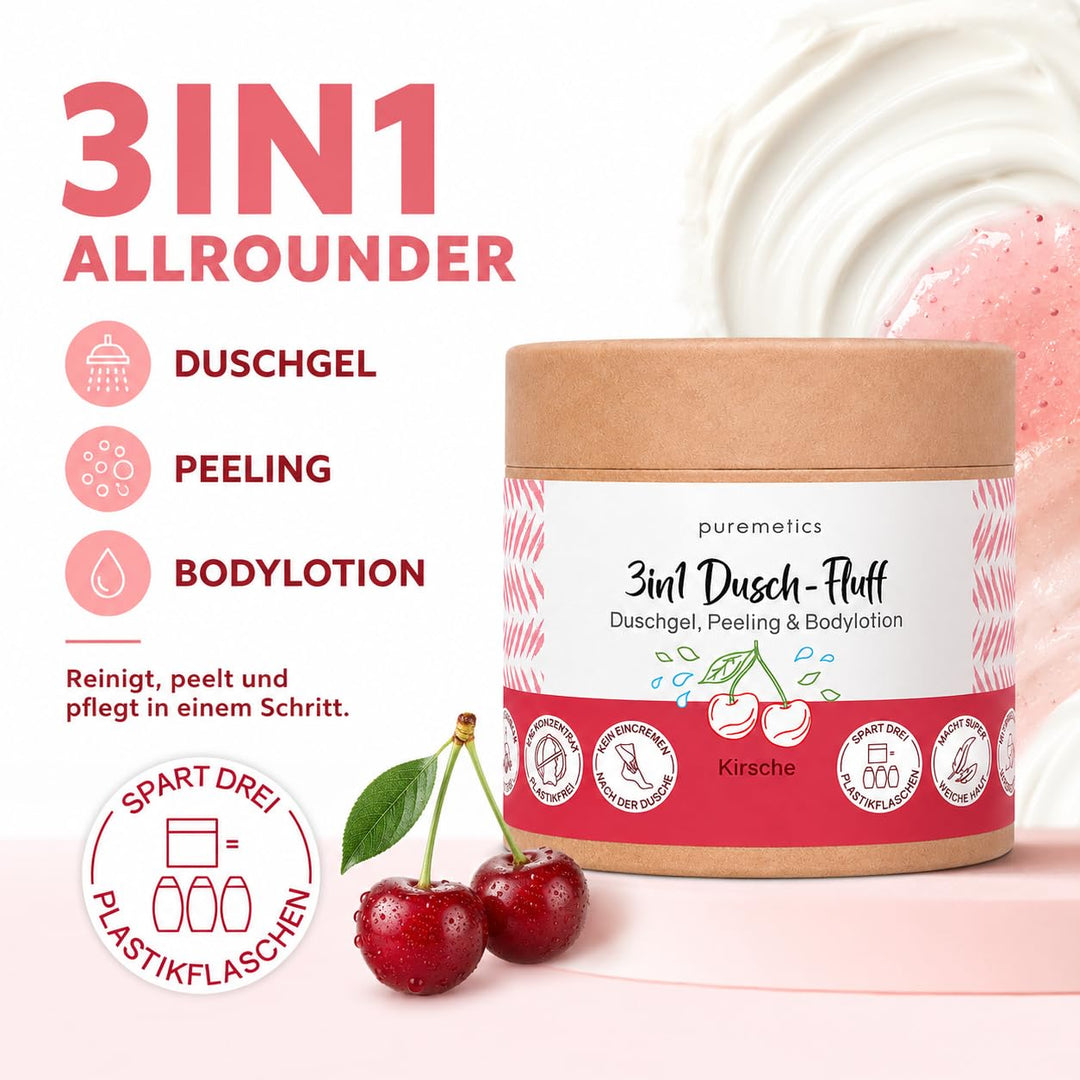 puremetics 3in1 Dusch-Fluff Kirsche, Duschgel, Peeling &amp; Bodylotion, 250 g Limited Edition