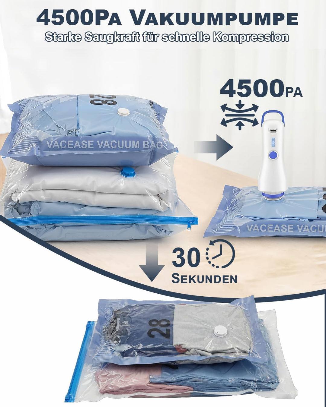 Vakuumbeutel für Kleidung mit Elektrischer Pumpe, 8er-Set Vakuumbeutel (4 * 100x80cm, 4 * 74x54cm),