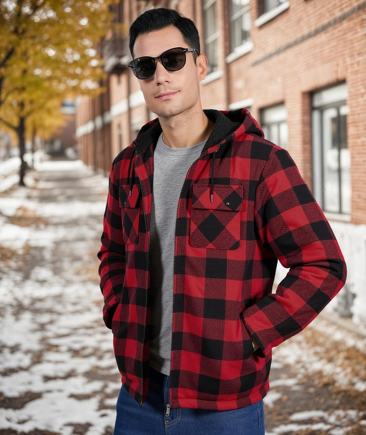 JACKETOWN Herren Fleecejacke Flanell Hemdjacke mit Kapuze Übergangsjacke Warm Gefüttert Kariertes Ho