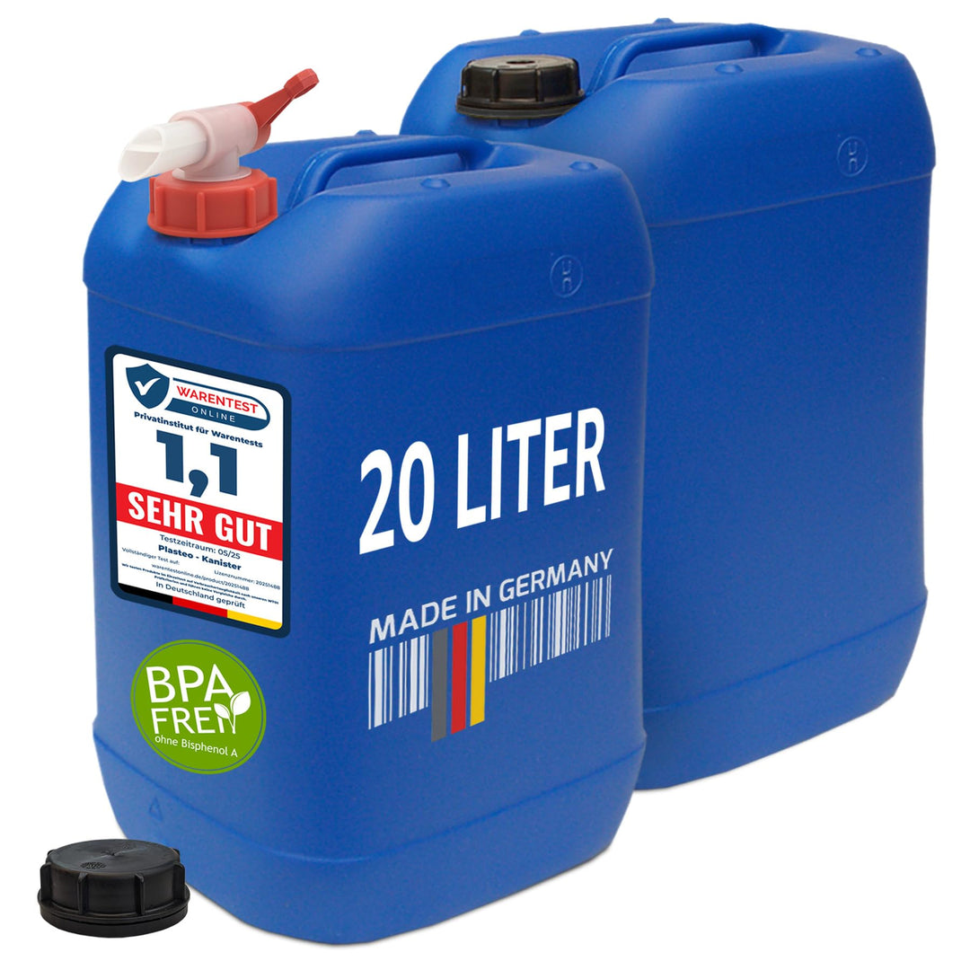 plasteo 20 Liter Getränke Wasserkanister mit 1 Hahn und Schraubdeckel (DIN 61), Blau 2x 20L, 2x 20L