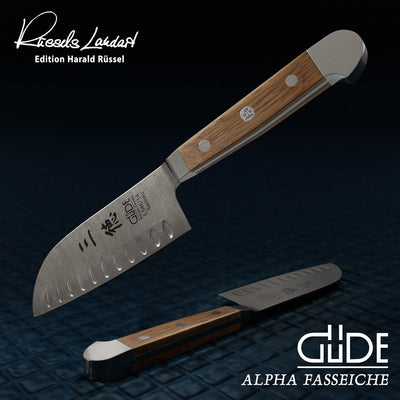 GÜDE Solingen - Santoku Messer mit Kulle geschmiedet, 14 cm, Fasseichenholz, ALPHA FASSEICHE, Doppel