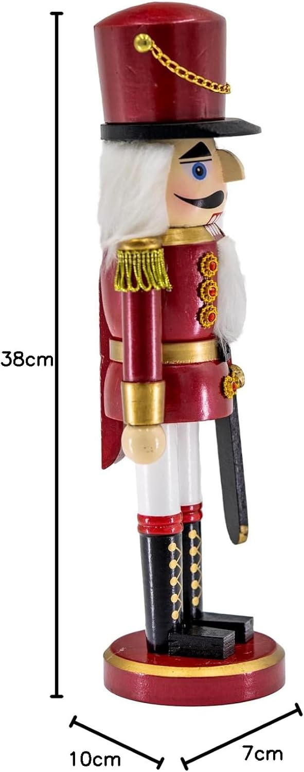 Kaladia Deko Nussknacker Figur Soldat aus Holz – Höhe: 38 cm – moderner Weihnachtsnussknacker in Rot