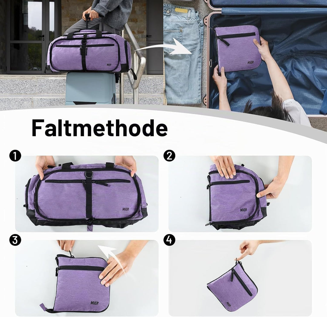 MIER Sporttasche 50L faltbar, Reisetasche mit Schuhfach, Weekender, Lila | Separates belüftetes Schu