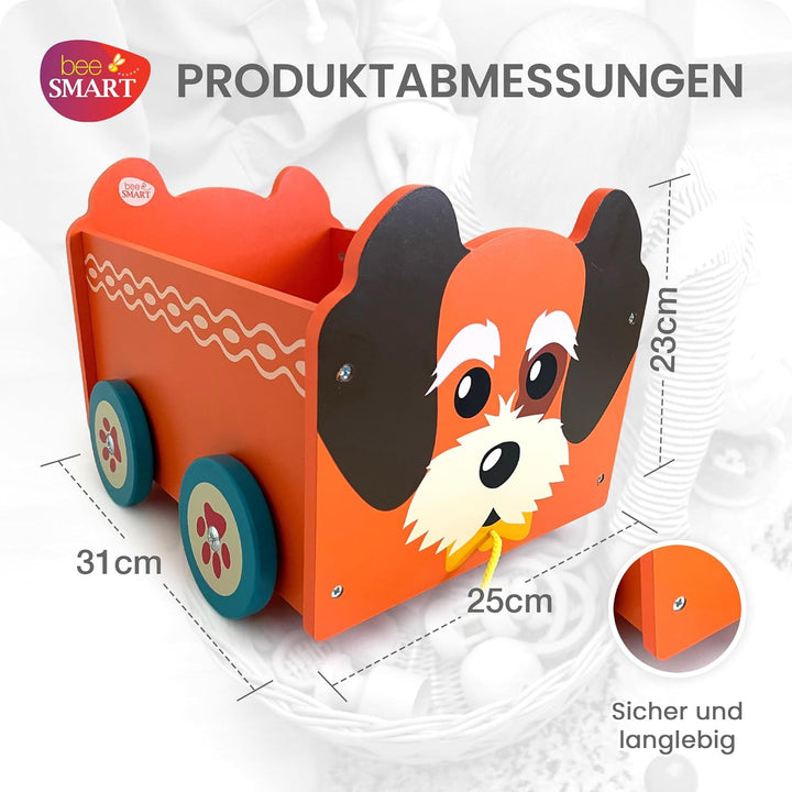 Spielzeugkiste aus Holz Hund | 2-in-1-Zugwagen & Aufbewahrungsbox auf Rädern für Kinderzimmer oder S
