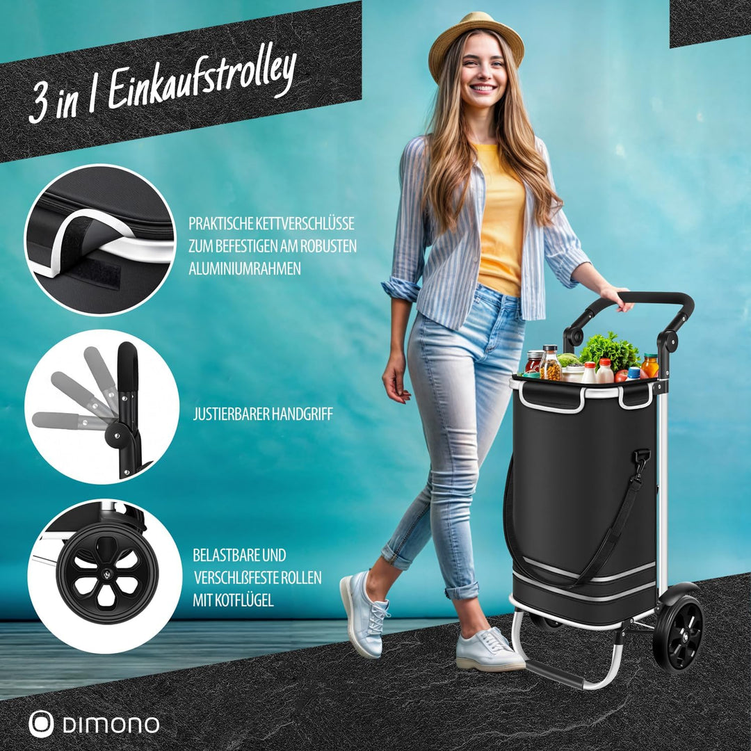 Dimono® Einkaufstrolley Rolltex Klappbarer 3 in1 Trolley zum Einkaufen; 56 Liter inkl. Kühlfach; Tra