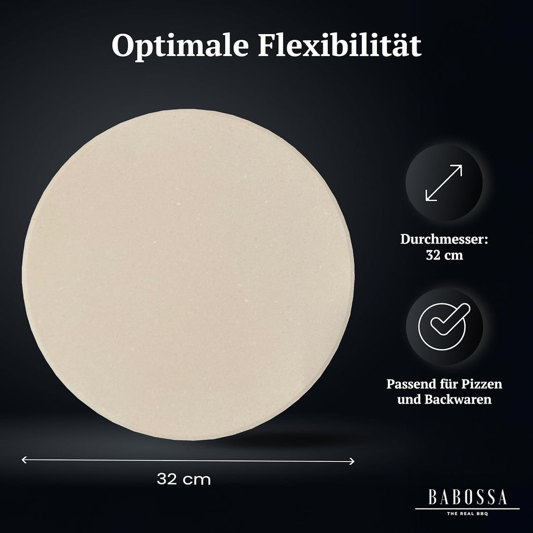 BABOSSA Pizzastein für den Grill | Ø32x3cm – Hochwertiger Cordierit Backstein – Knuspriger Boden, vi