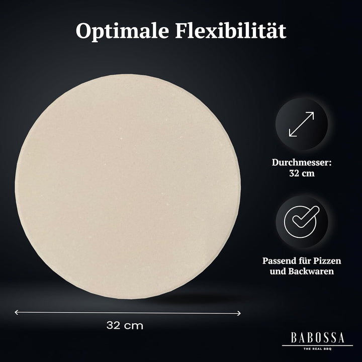 BABOSSA Pizzastein für den Grill | Ø32x3cm – Hochwertiger Cordierit Backstein – Knuspriger Boden, vi