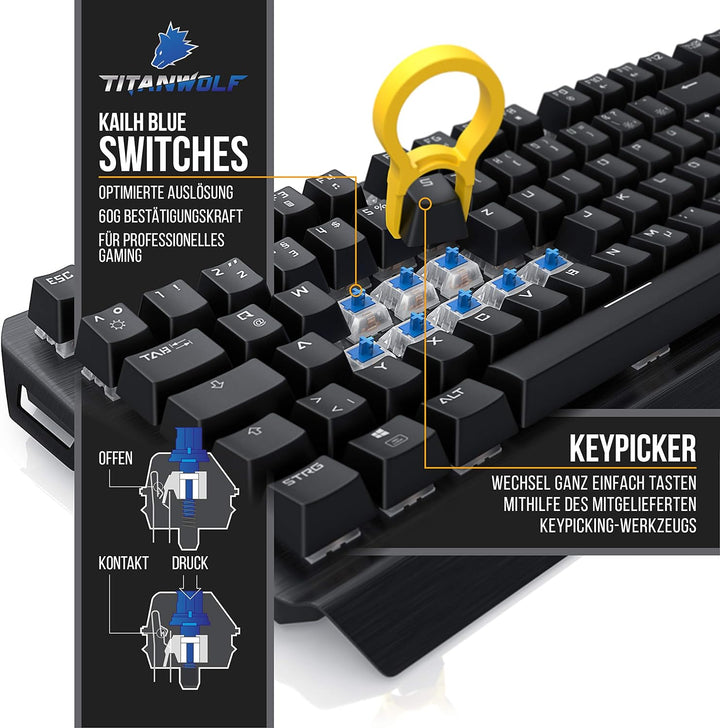 TITANWOLF Tastatur und Maus Set und Mauspad, Mechanische Tastatur ALUMAR MMO 10800dpi Gaming Maus Sp