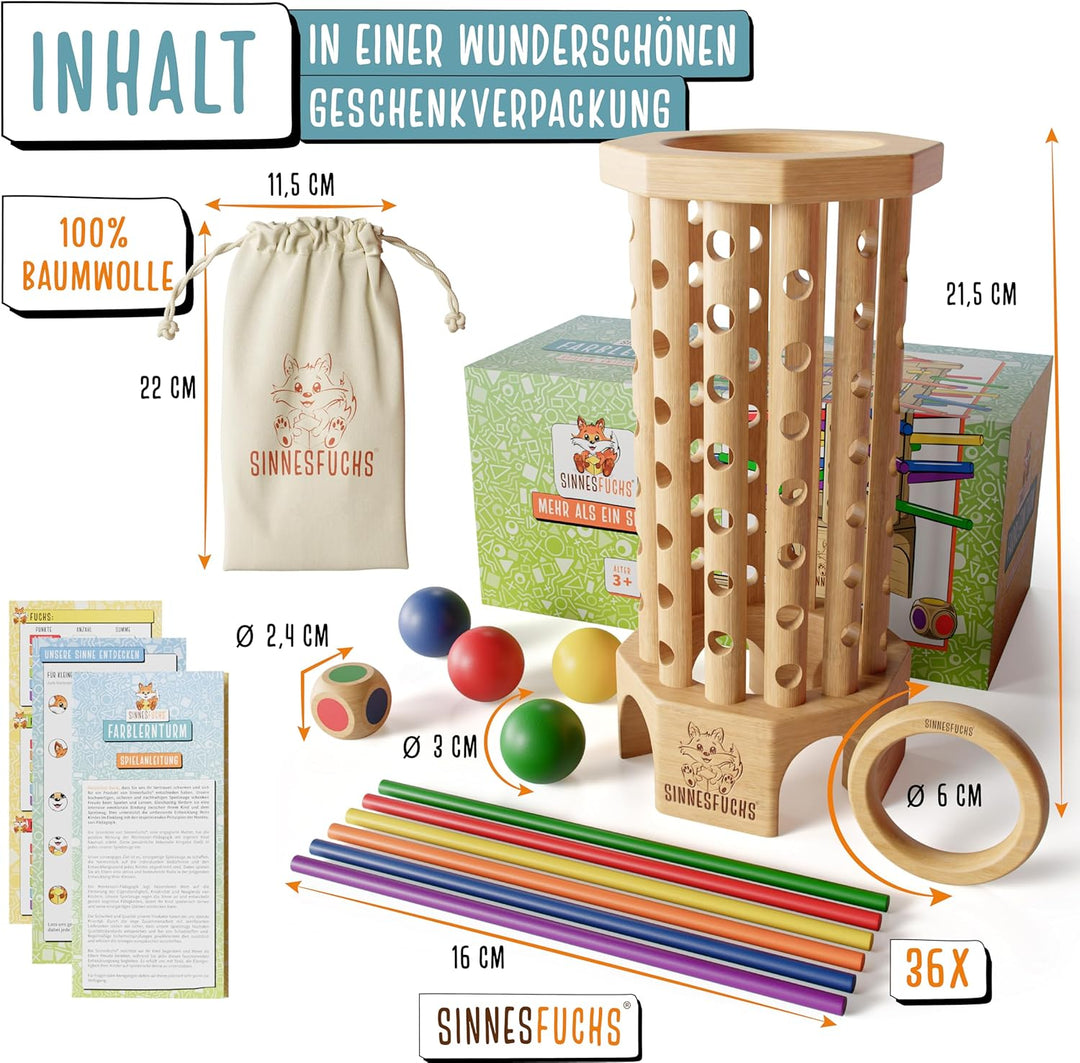 SINNESFUCHS® Farblernturm - Montessori Spielzeug ab 3 Jahre - Holzspielzeug pädagogisch wertvoll - L
