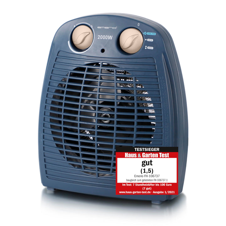 EMERIO Heizlüfter 2000W | klein leicht kompakt portabel | für ca. 25m² | 2 Heizleistungen + Ventilat