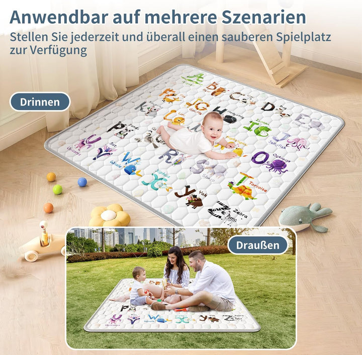 Krabbelmatte Baby 127x127cm, Verdickte Spielmatte Baby Faltbar mit 26 Buchstaben, Tierdrucke und Höh