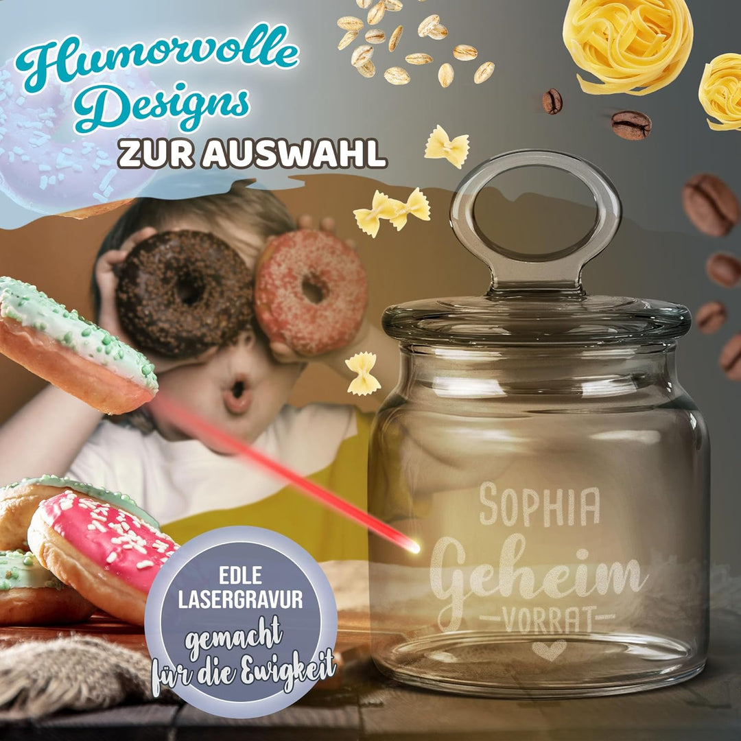 Print Royal PR Personalisierte Keksdose aus Glas mit Gravur - 550 ml - Geheim-Vorrat mit Name selbst