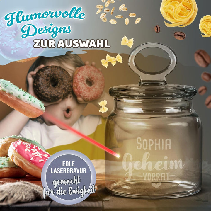 Print Royal PR Personalisierte Keksdose aus Glas mit Gravur - 550 ml - Geheim-Vorrat mit Name selbst