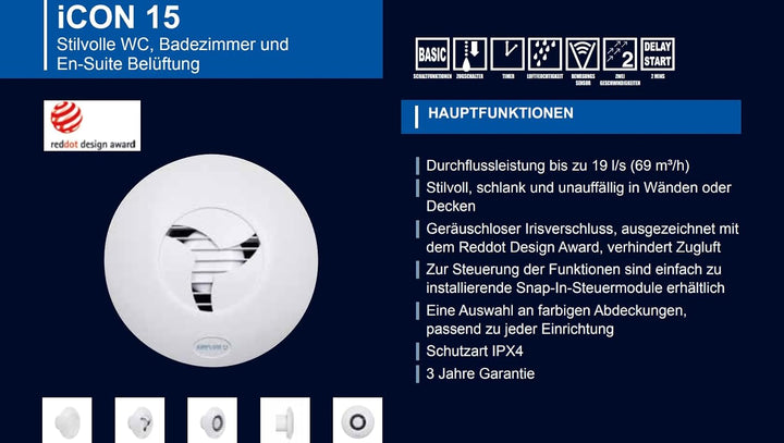 Airflow iCON 15 Timer-Abluftventilator-Set – 100 mm/4 Zoll – Mit Timer-Modul, weissem Lüftungsgitter