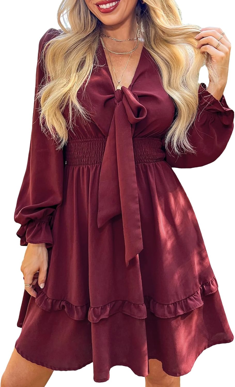 CUPSHE Damen Kleid V Ausschnitt Schleife Gebunden Langarm Tiered Rüschen A Linien Kurze Freizeitklei